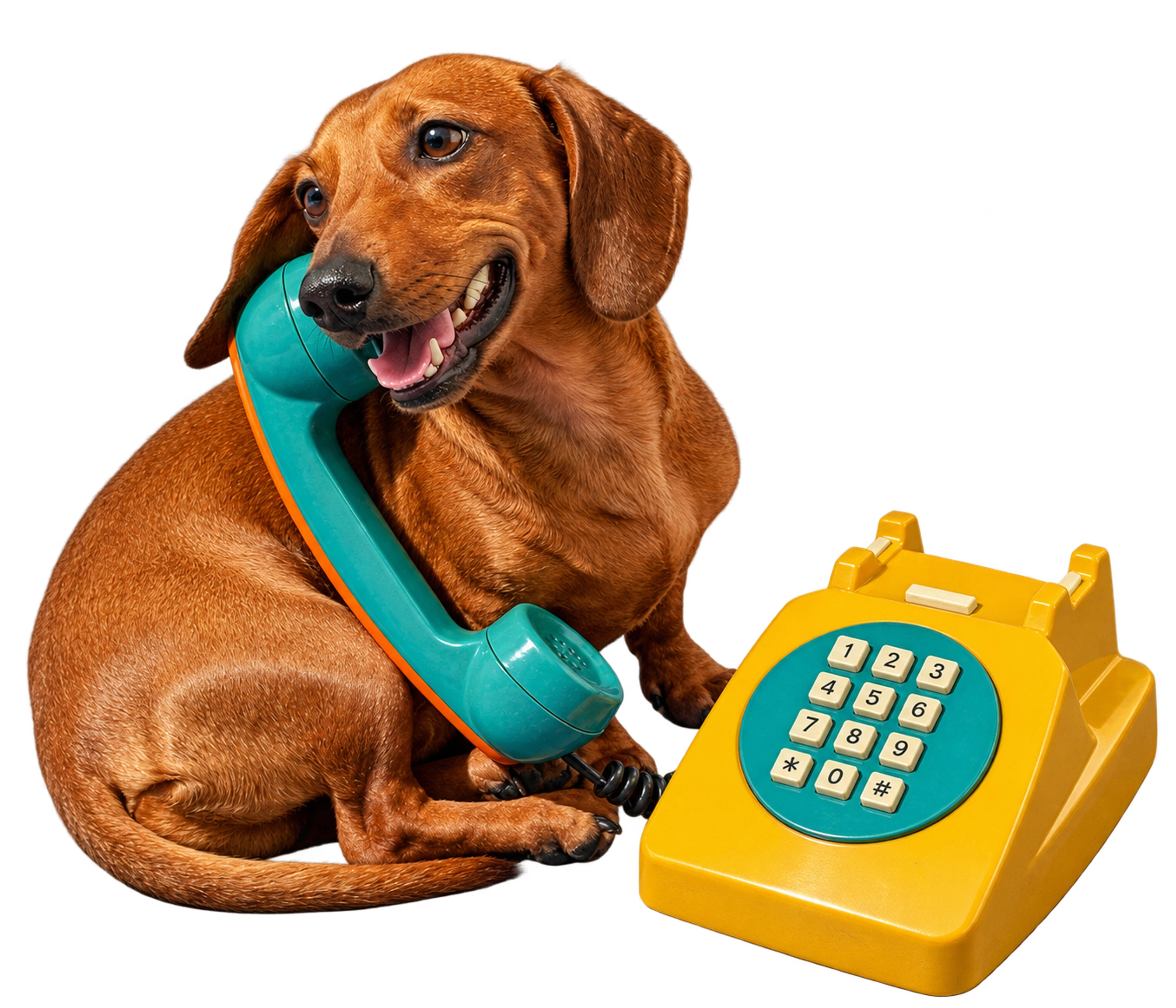 Cachorro dachshund marrom com um telefone amarelo e fone azul-turquesa