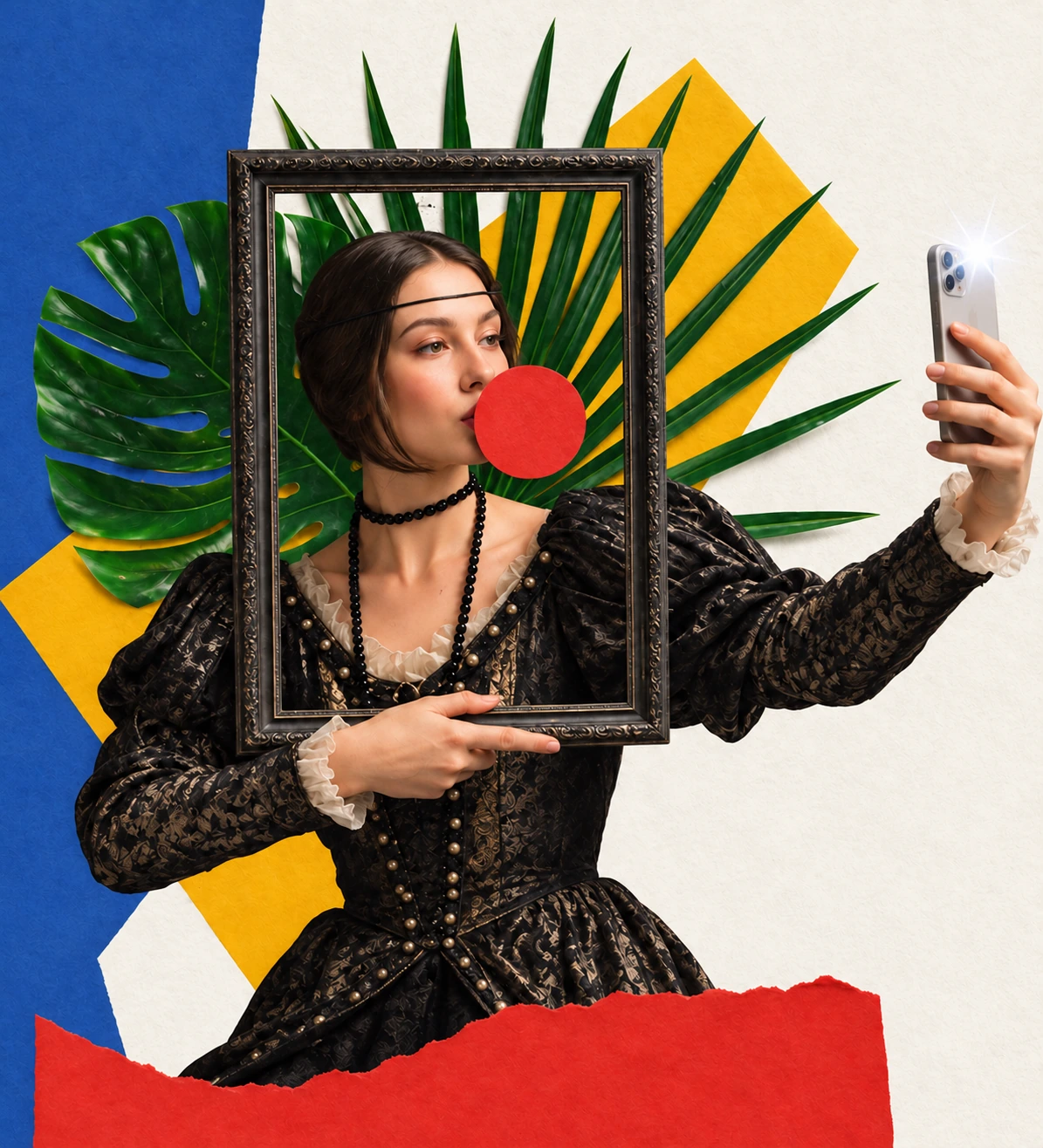 Identidade Wellmaker: mulher renascentista em colagem colorida tira uma selfie com flash