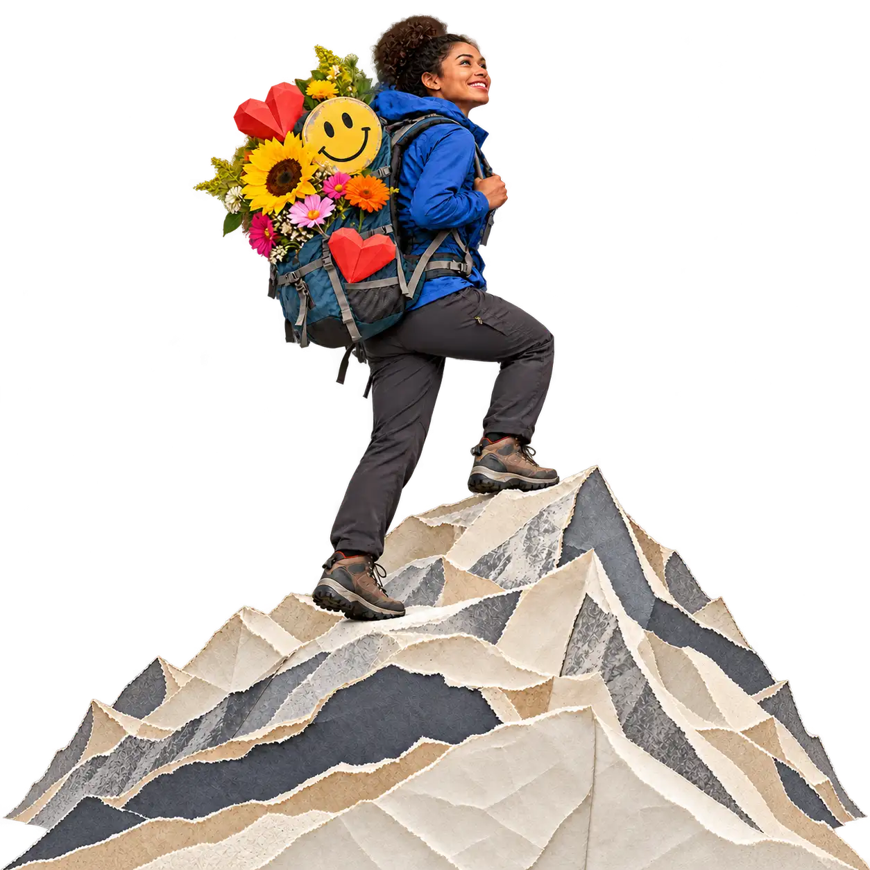 Pessoa sobe o topo de uma montanha de papel com mochila cheia de flores, corações de origami e um sorriso amarelo
