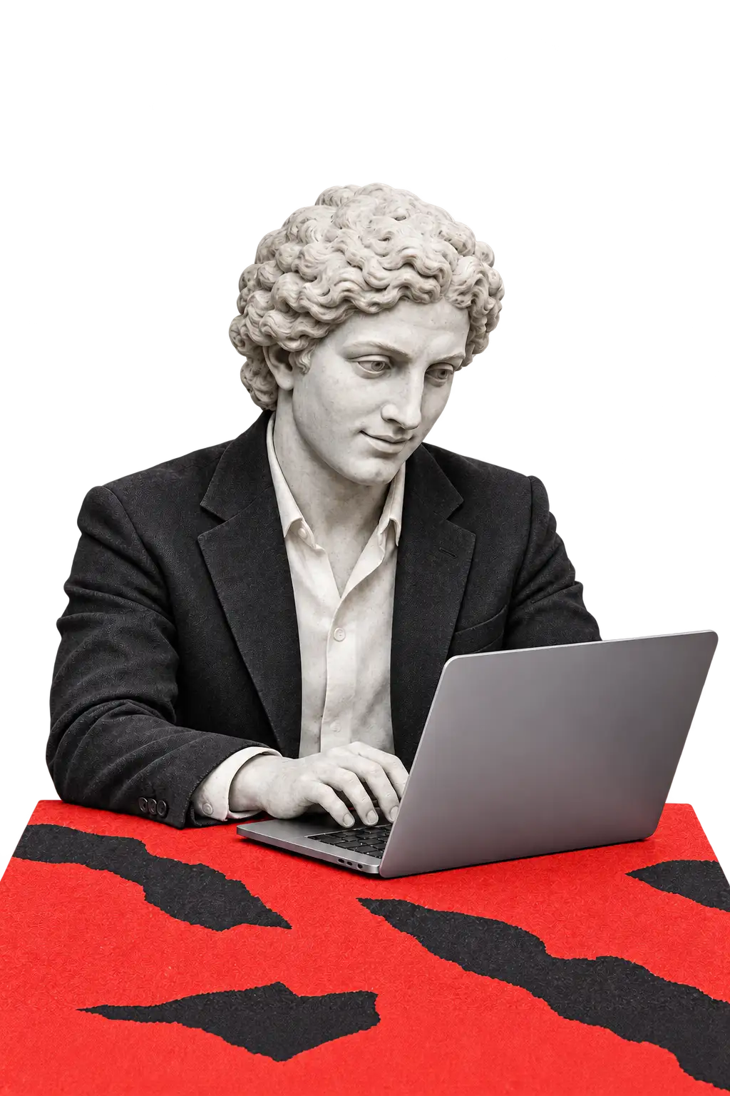 Estátua grega de expressão interessada trabalha de frente no notebook, sobre mesa vermelha texturada e diante de raios negros em amarelo