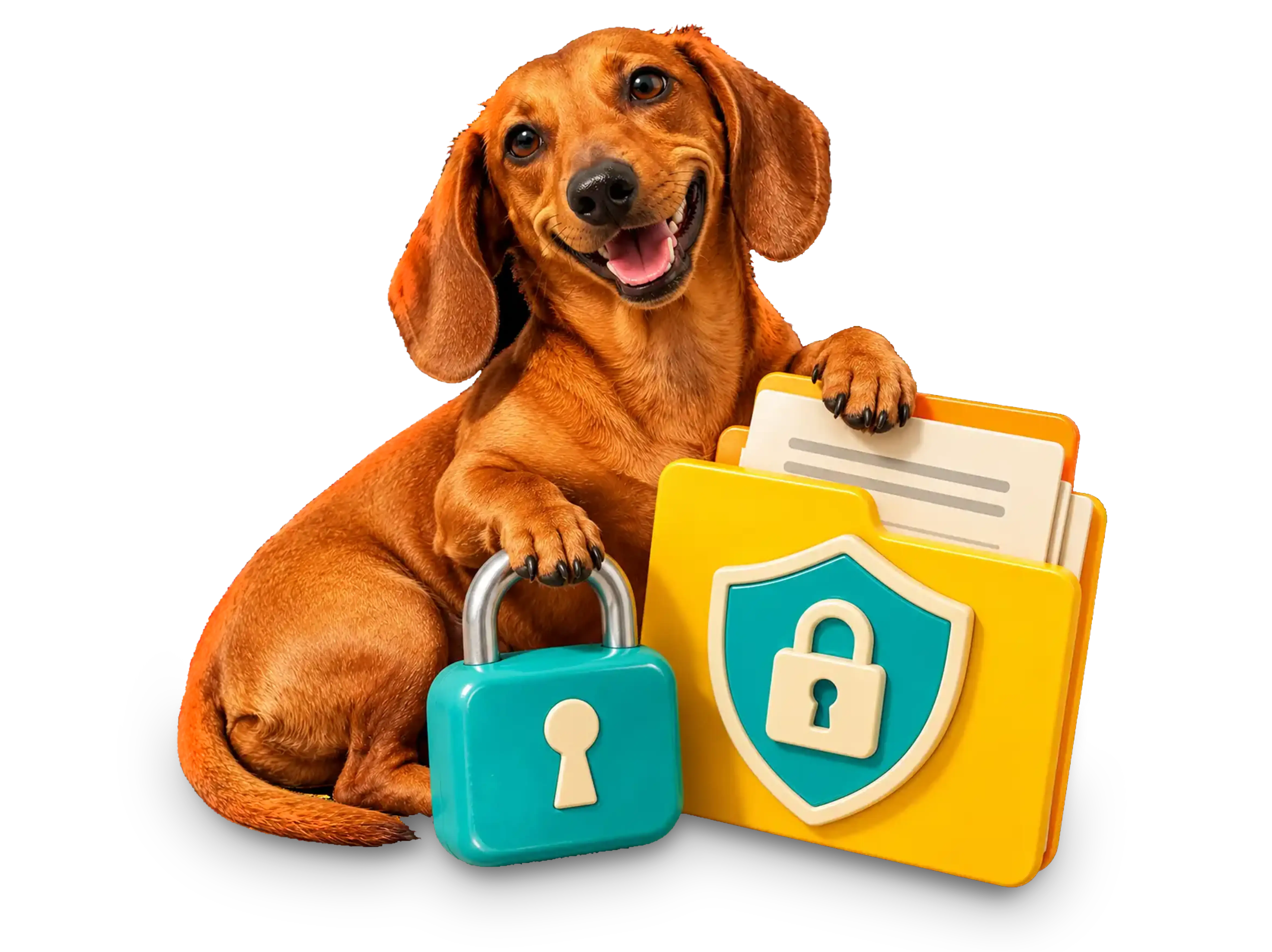 Cachorro dachshund marrom com um telefone amarelo e fone azul-turquesa