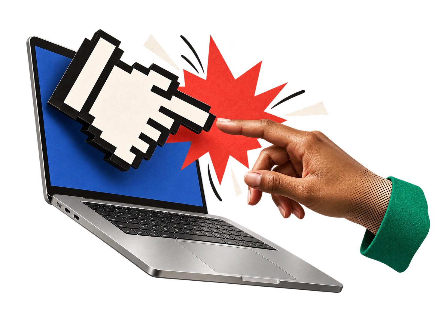 Mão humana e cursor digital se encontram diante de um notebook em perspectiva, em colagem de papel, tecido e metal